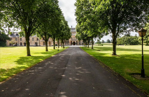 A long and straight tree lined driveway leading to Walton hall on a sunny day