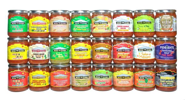 Jars of salsa stacked on top of each other.