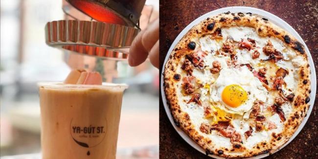 A picture collage of a Boba coffee drink being made and a Pizza