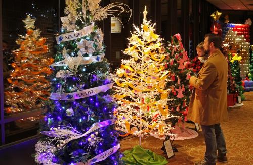 Dad and child looking at decorated trees for Festival of Trees
