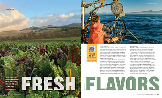 SFP Magazine 2026 Fresh Flavors Spread. Background of field of produce and green hills.