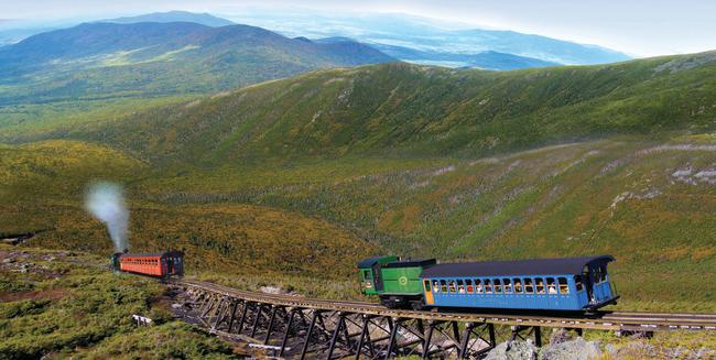 Mount Washington Cog Railway (Two Trains on Jacob's Ladder Trestle During Fall) with Scenic Mountain Background