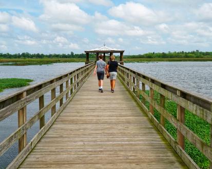 People Walking Down The Pier Of Cattail Marsh In Beaumont, TX