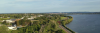 Drone image of the Onondaga Lake Parkway with Syracuse skyline in the background