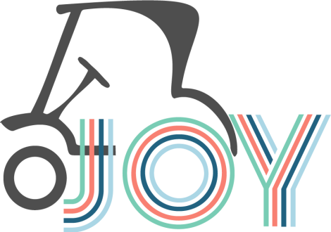Multicolored logo reading "JOY" with a golf cart outline behind it.
