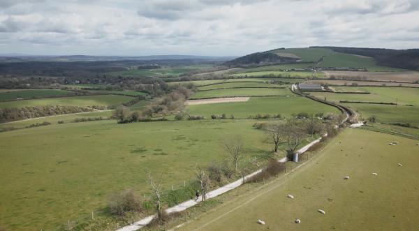 An aerial view of the South Downs Way at Cocking with cyclists