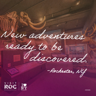 An image of a large mammoth bone reconstruction inside the Rochester, Museum & Science Center