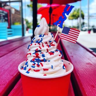Shoobies ice cream cup with 4th of july themed garnishes