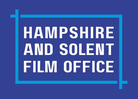 Logo with the text Hampshire and Solent Film Office in a blue box