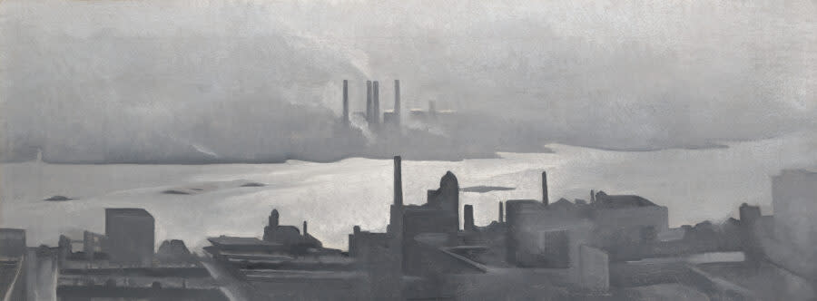 A photo of the East River painting on display at Wichita Art Museum