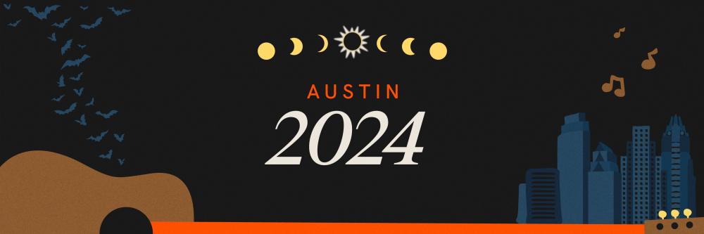 Graphic featuring Austin and solar eclipse elements.