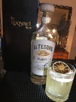 Cocktail and El Tesoro blanco tequila at The Roosevelt Room in Austin Texas