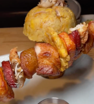 Skewered meat and rice
