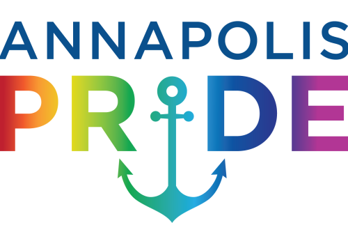 Annapolis Pride Logo in rainbow colors with an anchor as the letter 'i' in pride