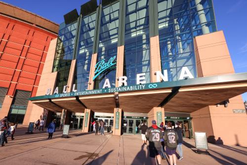 Exterior of Ball Arena in Denver, Colorado, with fans entering