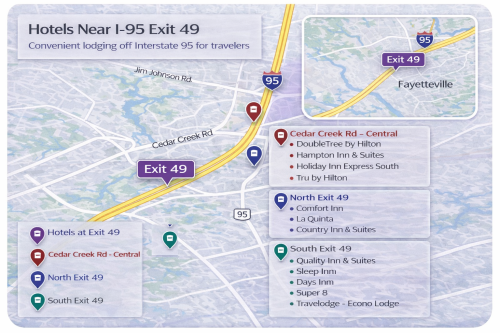 Map showing I-95 Exit 49 in Fayetteville highlighted in purple, with grouped hotel clusters marked in red, blue, and teal along Cedar Creek Road.