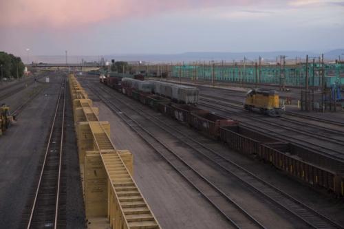 Train yard at sunset