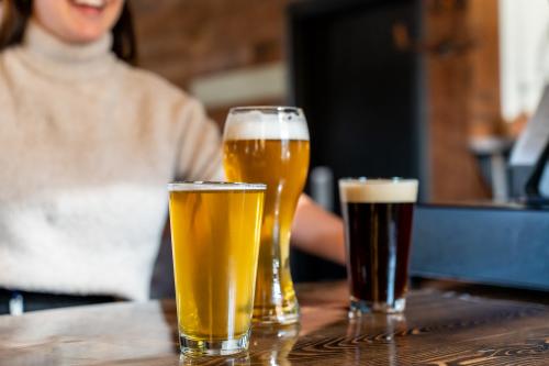 three beers on bar at petskull brewery