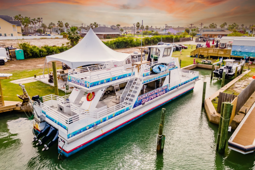 A large whtie and blue boat is docked by a grassy field.