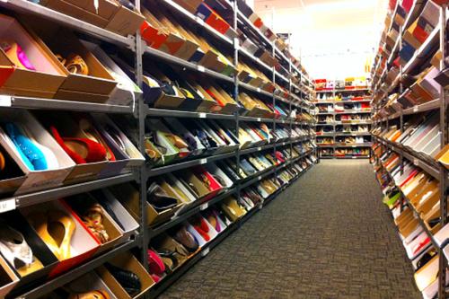 A long line of shoe racks
