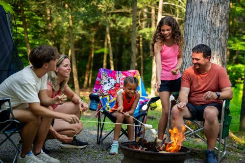 Family sitting around a campfire at Knoebels Amusement Resort Campground.