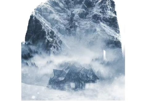 Et bilde av en hytte i snøstorm