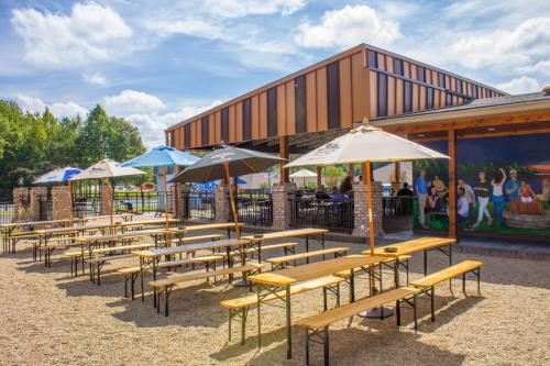 Outdoor patio with tables and umbrellas