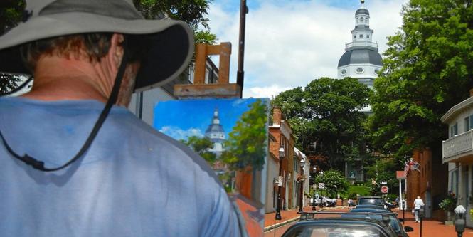 Plein Air artist painting State House dome