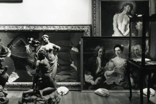 Black and white photo of RISD Museum sculptures and paintings