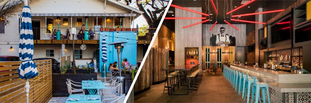 Photo on left shows people sitting on outdoor patio with bright blue furniture and string lights hanging in oak trees. White strip separated photo on right showing indoor restaurant with modern decor and bar-style seating