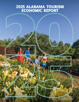 2025 Alabama Tourism Economic Report, a father, mother, sister and brother walk through a field of flowers