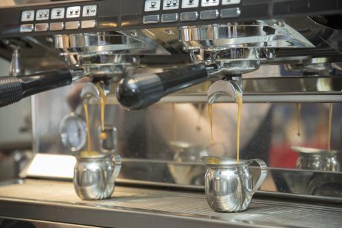 A close-up of an espresso machine