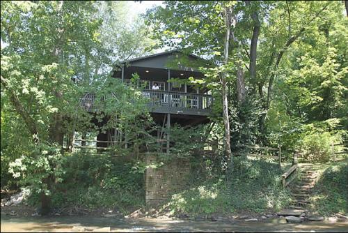 Exterior to the Blue River Cabin surrounded by trees