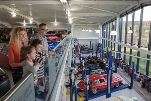 A family overlooking a collection of classic cars from a mezzanine balcony