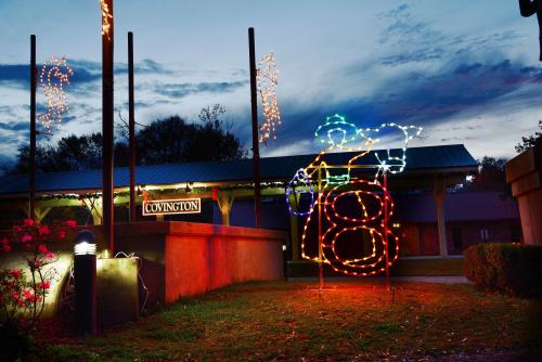 A holiday light depicting a a woman with a cow behind a large number 8 sits in front of a pavilion with a sign that reads "Covington"