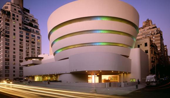 Exterior of Solomon R. Guggenheim Museum at night Exterior of Solomon R. Guggenheim Museum at night