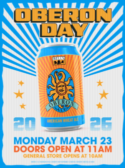 A colorful graphic featuring Bell's Brewery Oberon Drink.