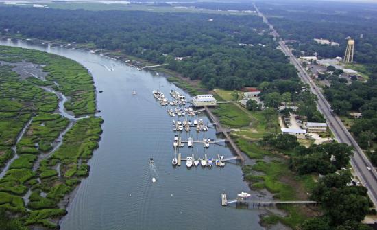 Aerial view of dock at Lady’s Island filled with boats