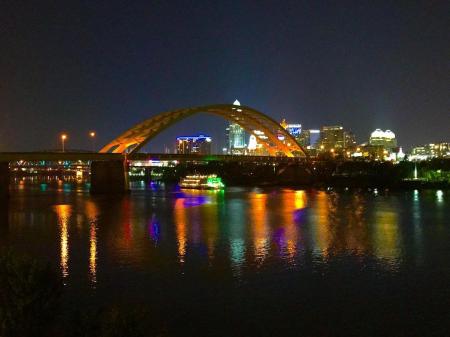 Night view of Daniel Carter Beard Bridge with Cincinnati Skyline from Chart House in NKY