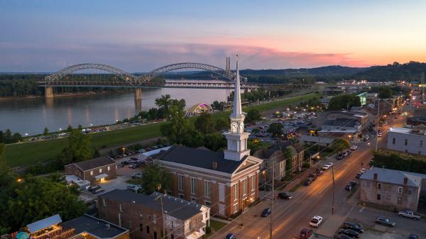 Downtown Town Clock Church Drone