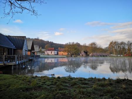 the cafe at Weald & Downland Museum overlooking the mill pond in winter