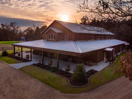 The Barn at Broadslab aerial shot at Broadslab Distillery in Benson NC.