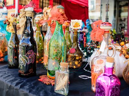 Colorful bottles for sale at the Selma Railroad Festival in October, Selma, NC.