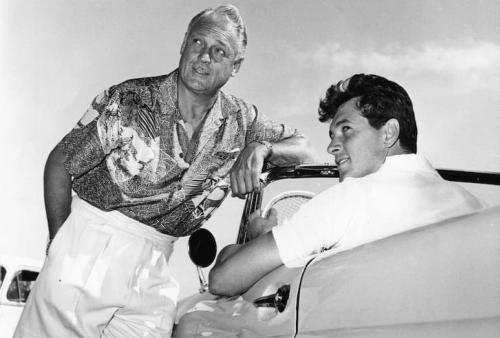 Early image of Rock Hudson in Palm Springs with Charlie Farrel