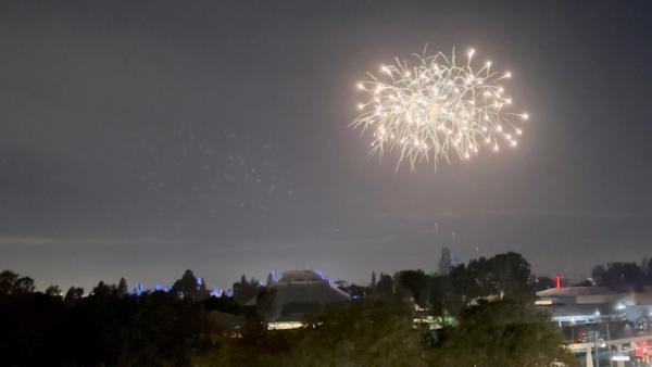 Image of white fireworks bursting against a grey/blue sky.