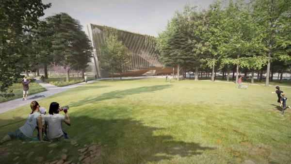 The Community Lawn as seen from J Street. (Rendering by OSD and Polk Stanley Wilcox)