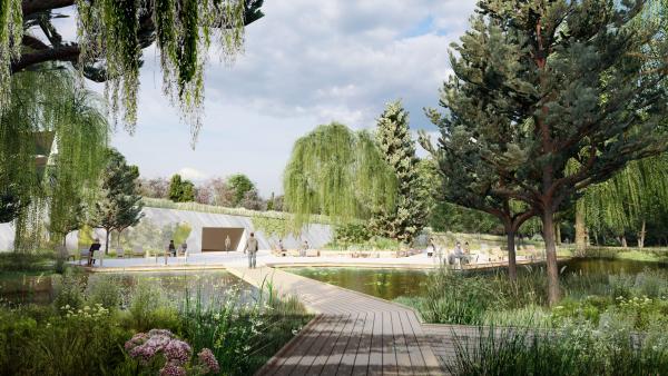 Wetlands view south to Bike Grotto. (Rendering by OSD and Polk Stanley Wilcox)