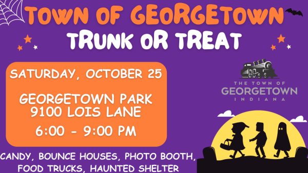 Georgetown Trunk or Treat Event flyer:Free candy (20 booths), food trucks, bounce houses, photo booth, haunted shelter house.