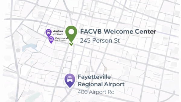 Stylized map depicting Fayetteville area transportation hubs for Amtrak, Greyhound, and the Fayetteville Regional Airport