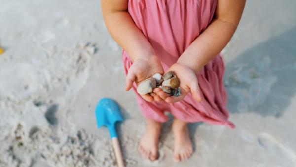 little girl in a pink dress holding a handful of shells